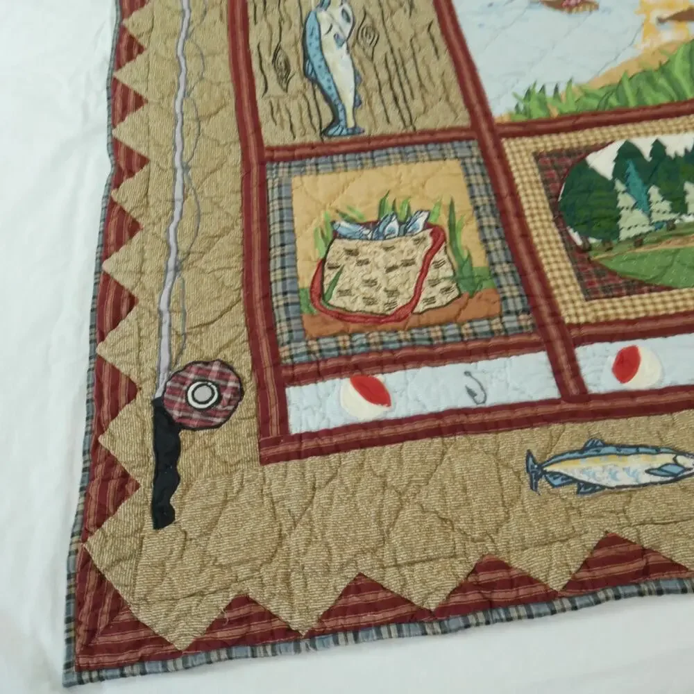 Vintage Applique‎ Fishing Quilt Man Cave Cabin Outdoor Novelty Patch Magic 58x49